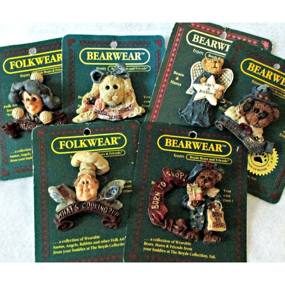 6 Boyds Bears Bearwear Pins on Original Cards Bear Bunny Chef Golf Jewelry Gift
